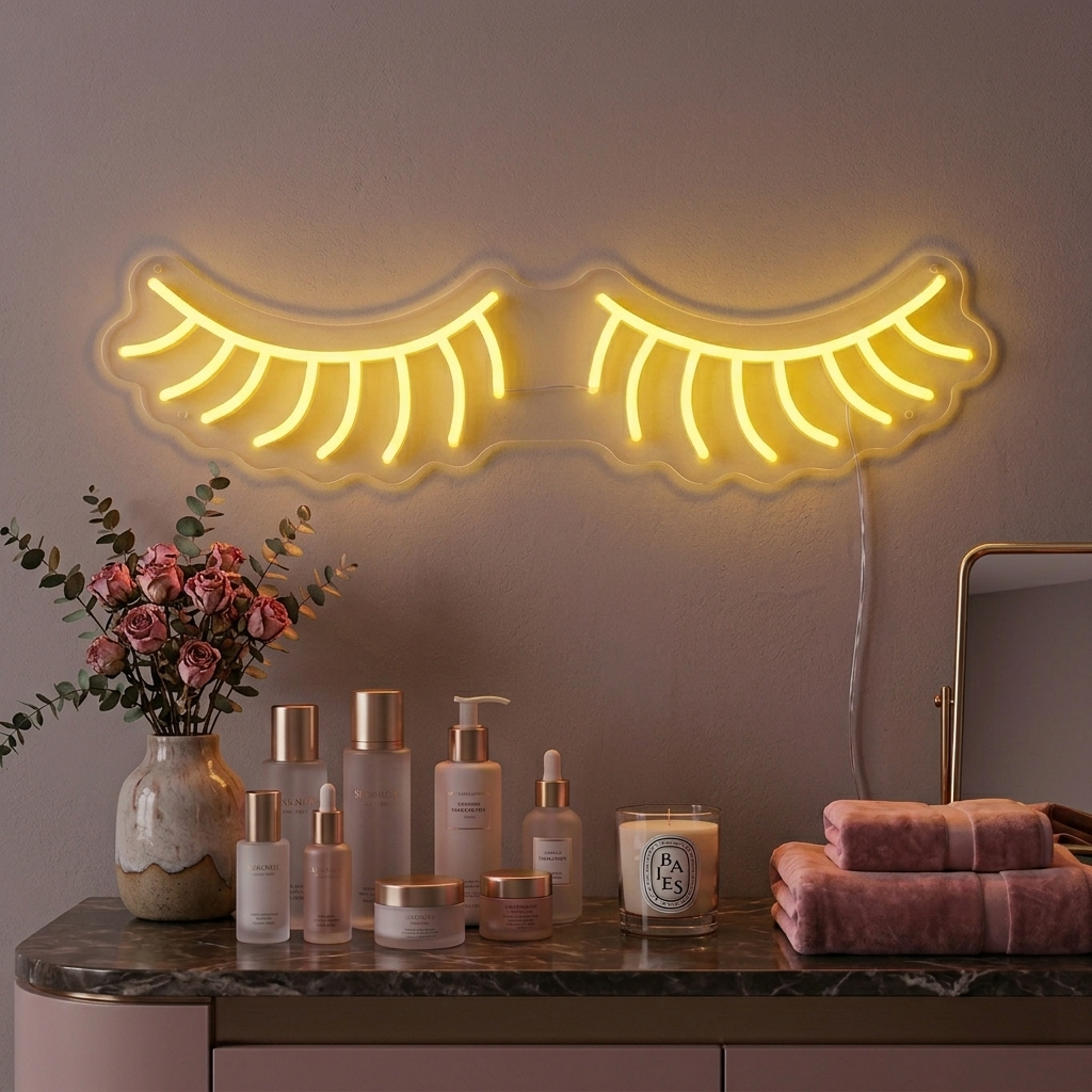 Stylish Simple Lashes neon sign glowing in a modern beauty salon setting.