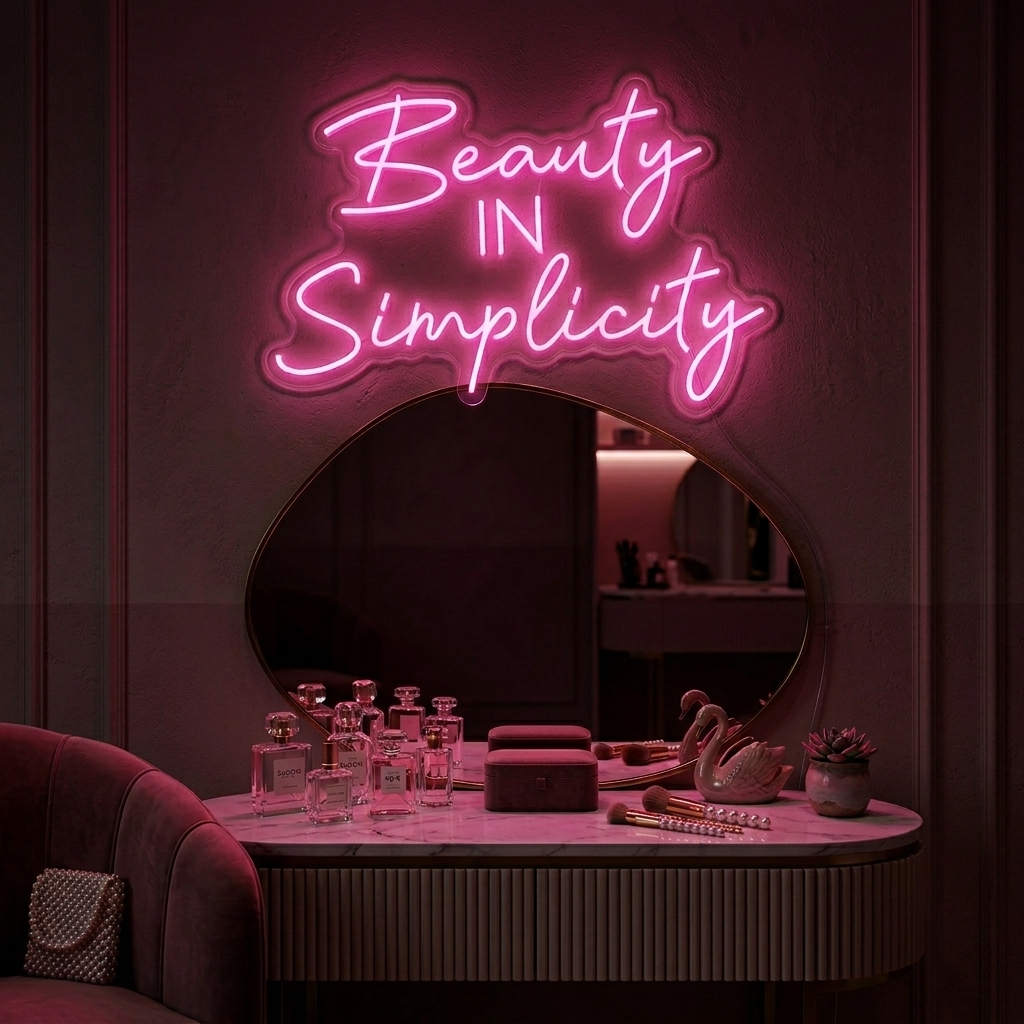 The glowing text 'Beauty in Simplicity' rendered in flowing, elegant light, mounted above a minimalist wood and white vanity with an arch mirror and vase, casting a warm light.