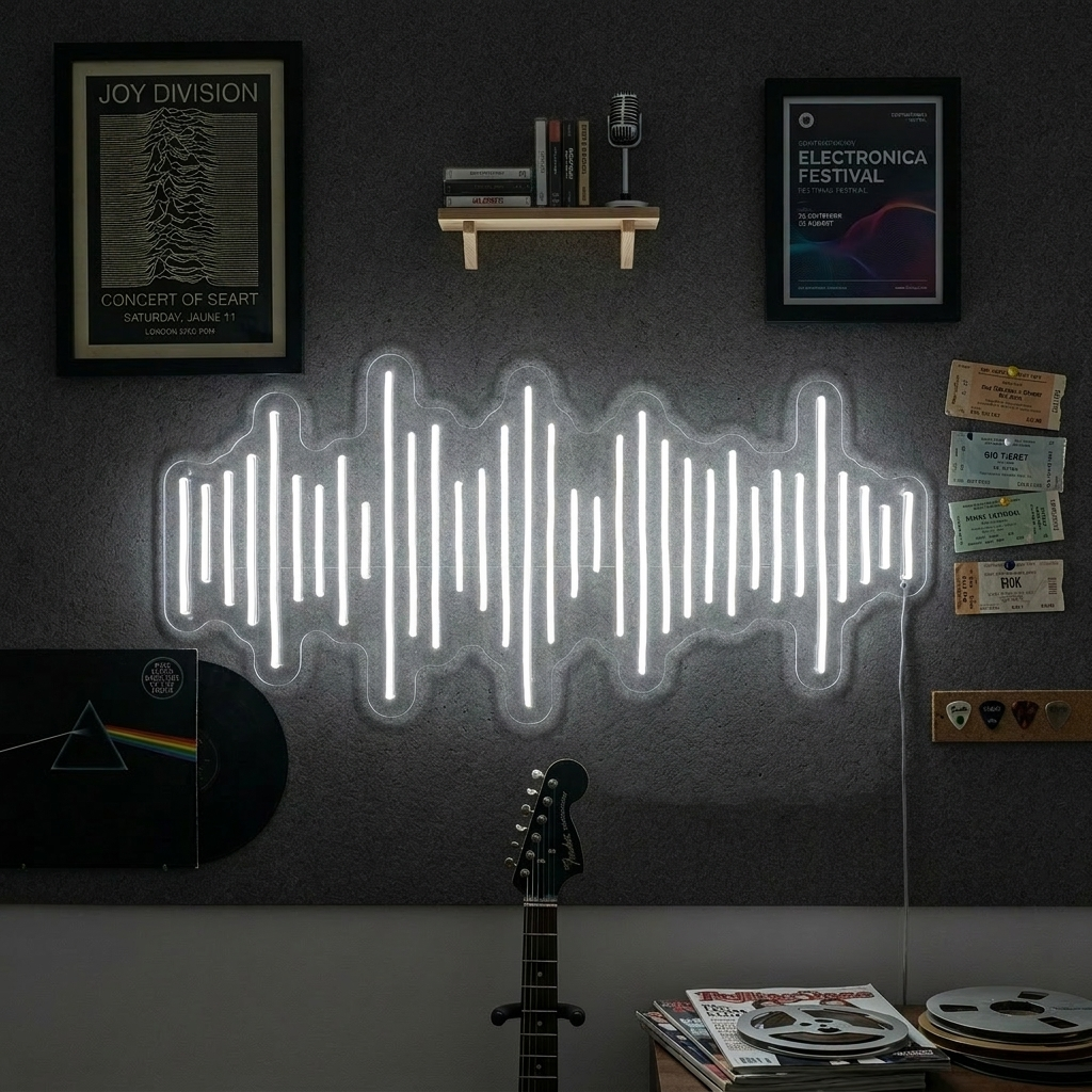 A vibrant 'Music Waves' neon sign glowing in a studio setting above a desk with audio equipment, featuring dynamic vertical bars in green, yellow, and red.