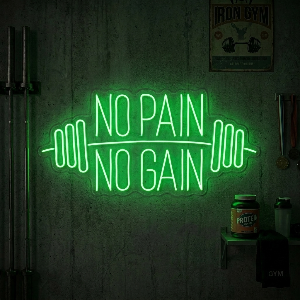 A close-up shot of the 'No Pain No Gain' neon sign illuminated on a textured wall, highlighting the intricate tube details and clear acrylic backing.
