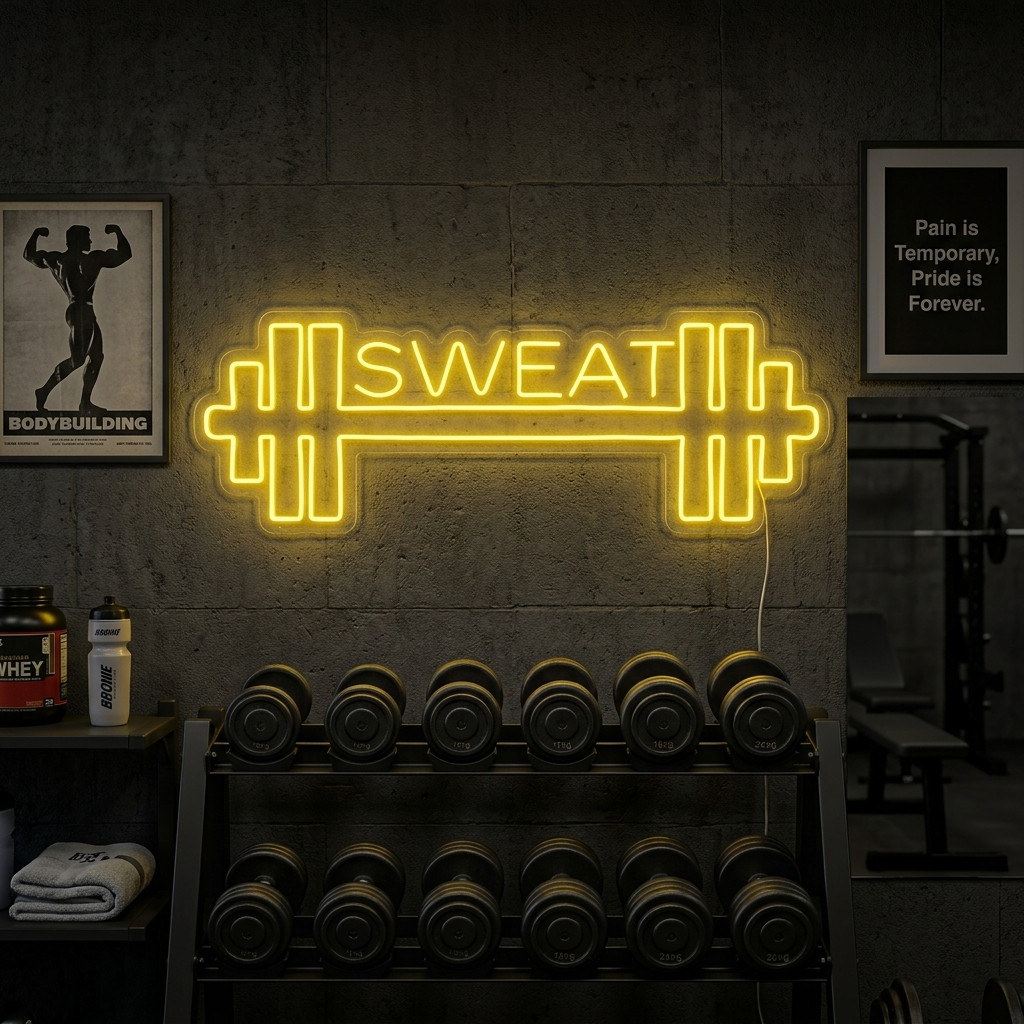A custom-made motivational phrase glowing as a bright neon sign mounted on a textured brick wall within a fully equipped modern gym setting.