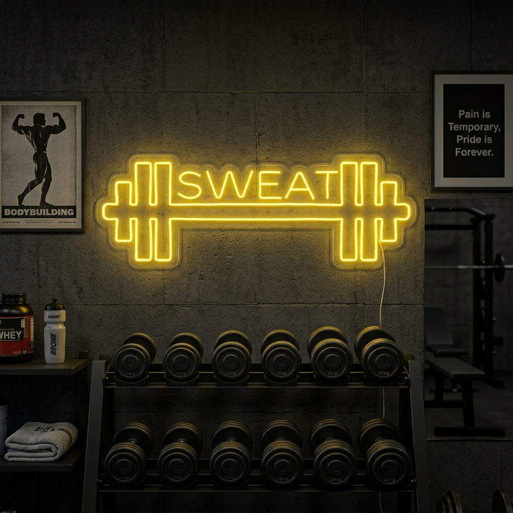 A custom-made motivational phrase glowing as a bright neon sign mounted on a textured brick wall within a fully equipped modern gym setting.