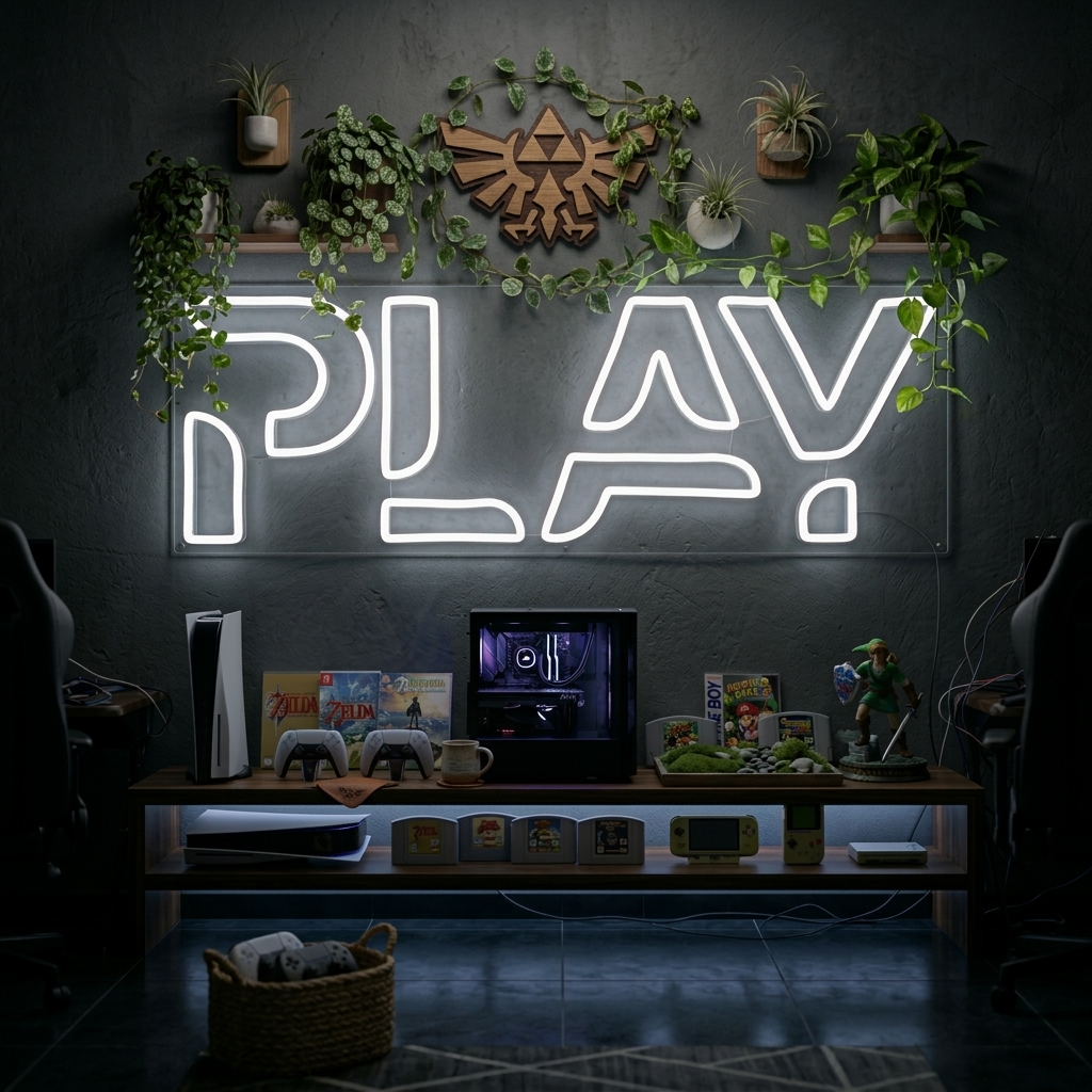 Real, illuminated 'Gaming Play' neon sign with a red controller icon and white text, hanging on a brick wall above a gaming desk.