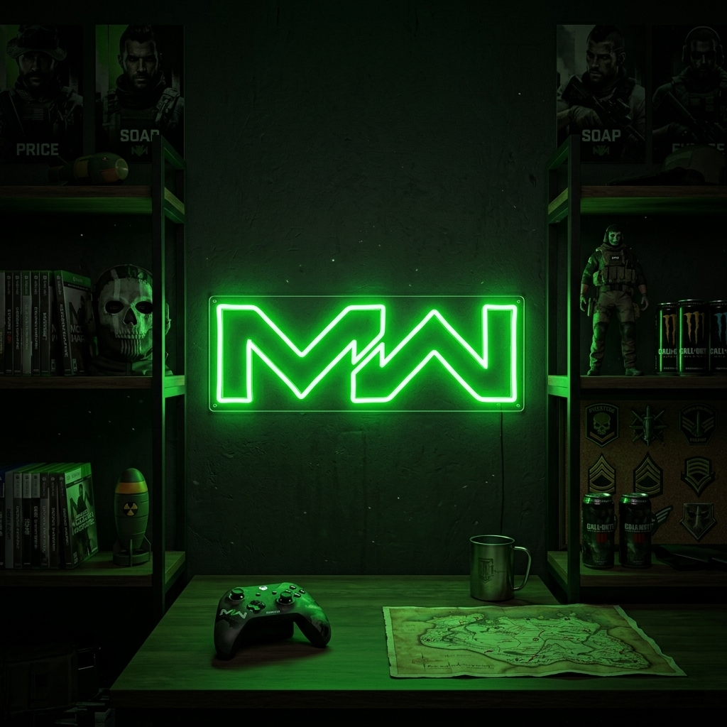 A clean mockup of the MW neon sign on an acrylic backplate, displayed against a polished background with props.