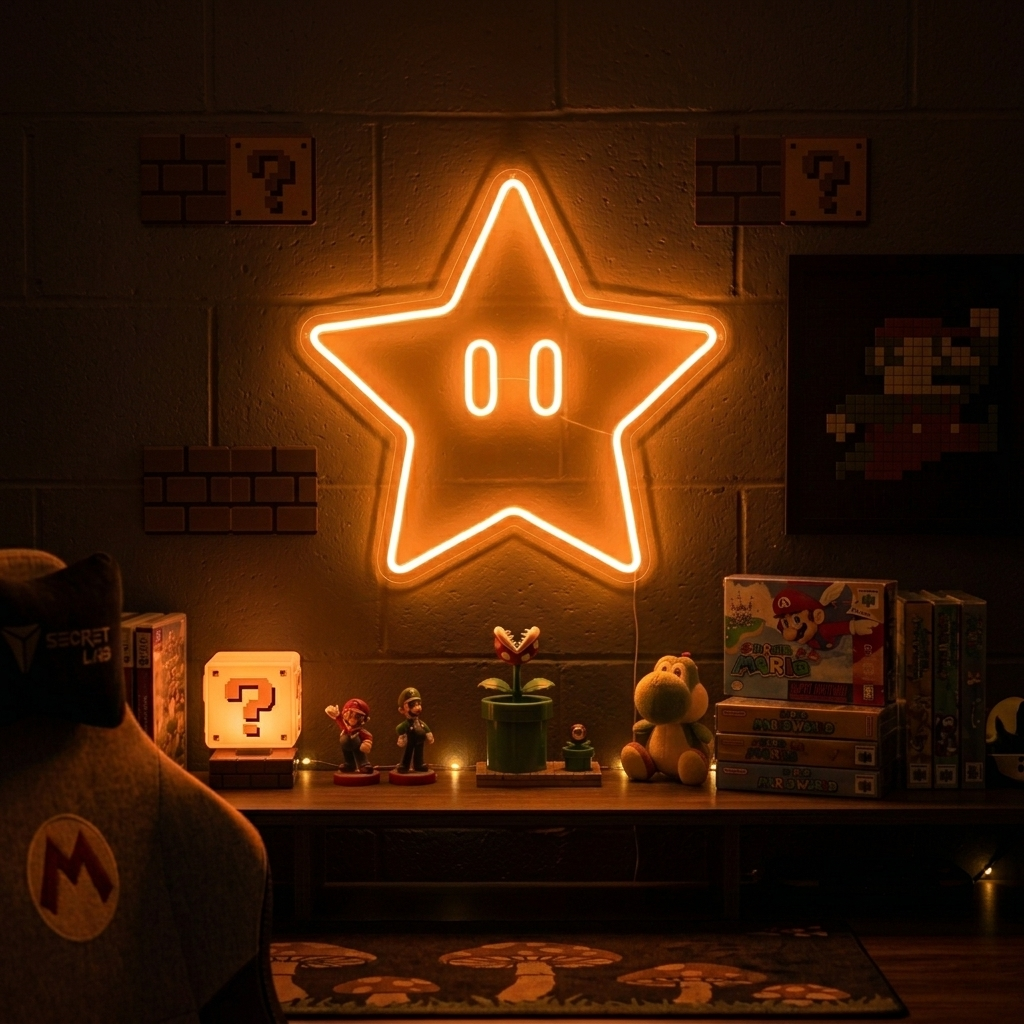 A glowing Star Power icon neon sign mounted on a wall covered in gaming collectibles.