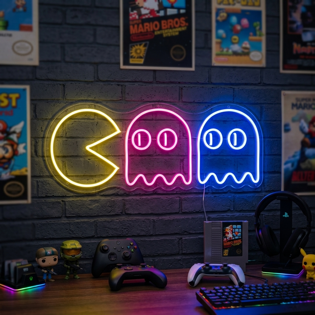 Glowing "Chasing Ghosts" neon sign featuring classic blue, red, pink, and orange arcade ghost characters mounted on a textured brick wall in a dimmed room.