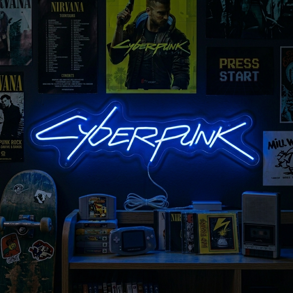 CYBERPUNK neon sign glowing red on a dark wall in a gaming room.