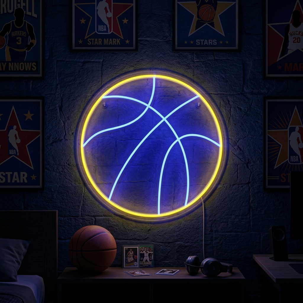 A glowing 'Basketball' neon sign, styled like an orange basketball with black lines, mounted on a rustic wood wall surrounded by sports memorabilia.
