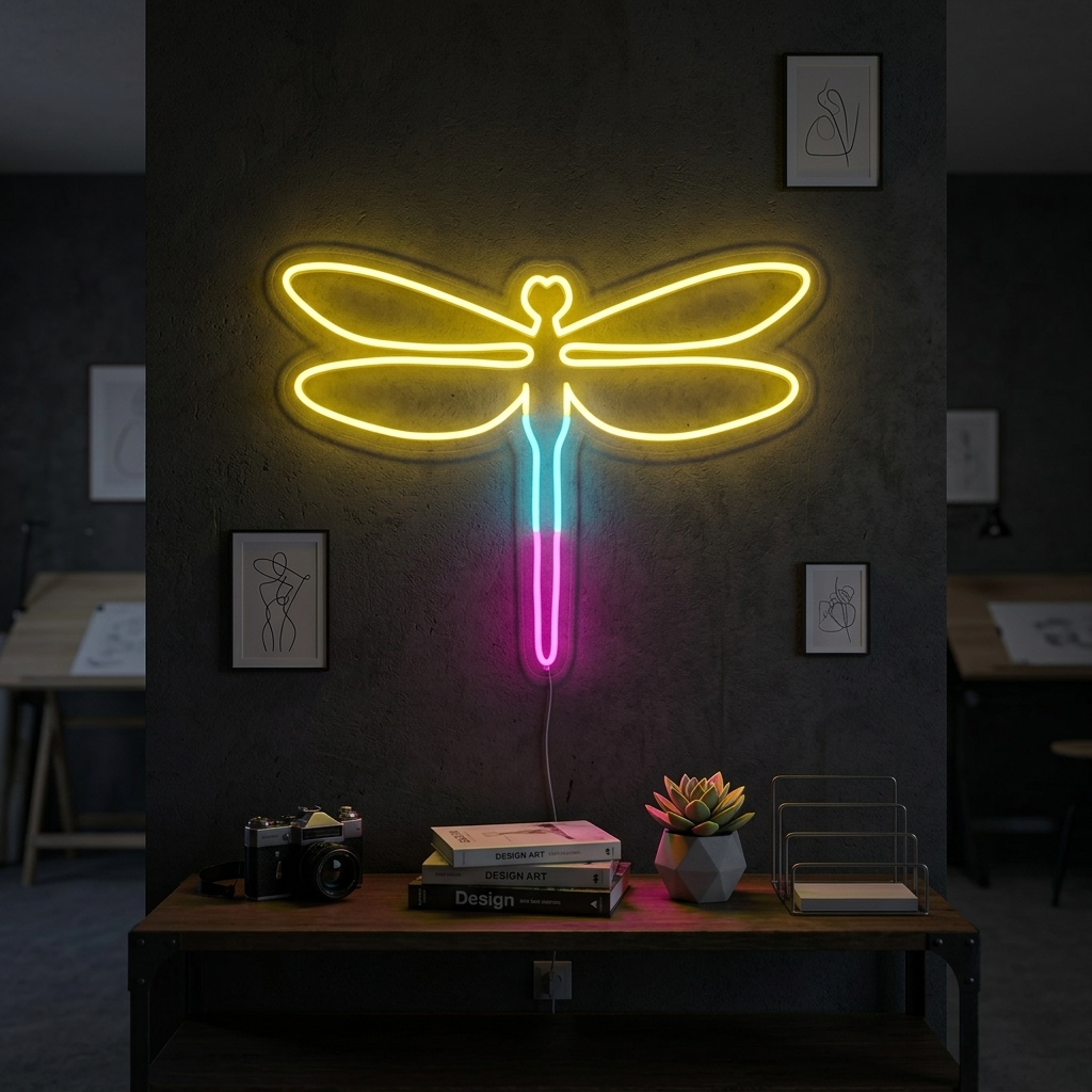 An illuminated Dragonfly neon sign displayed on a subtle bedroom wall above a plant, glowing softly.