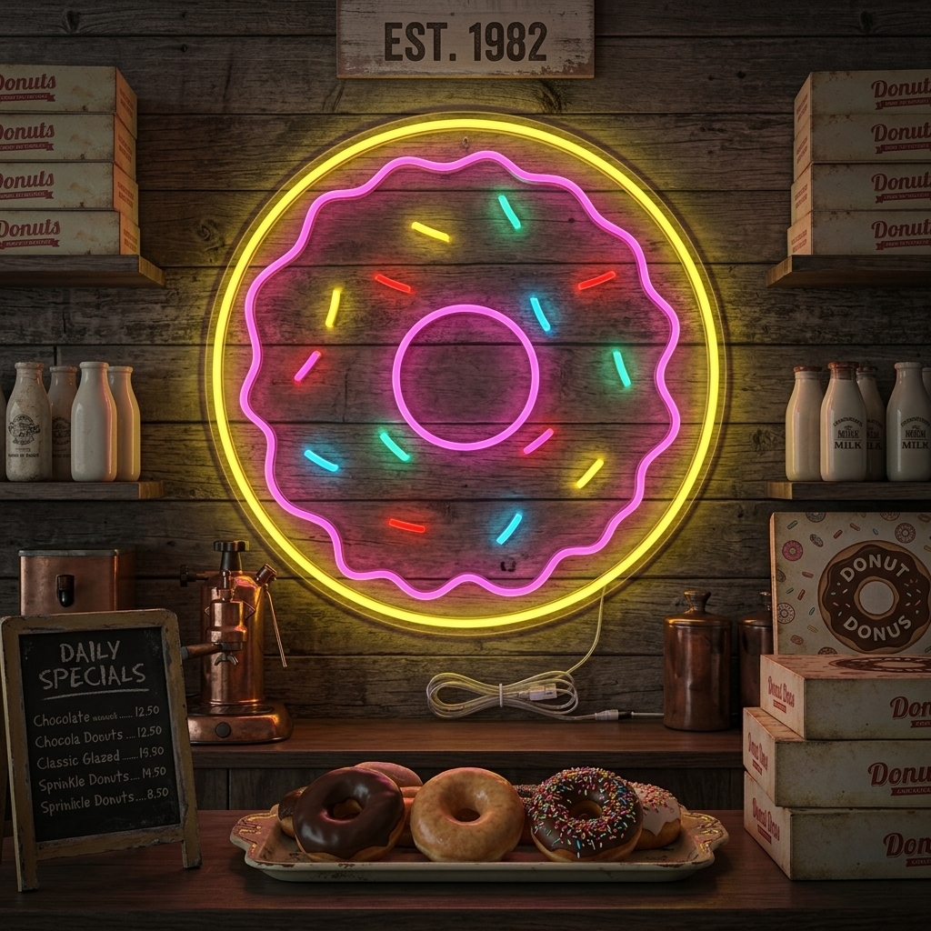 A glowing donut neon sign with pink frosting and sprinkles, mounted on a dark brick wall next to a houseplant.