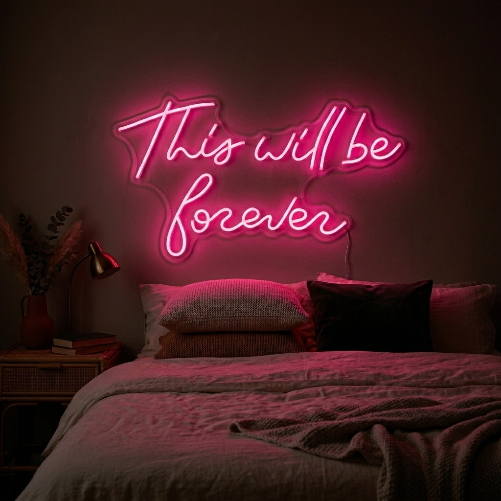 'This Will Be Forever' glowing neon sign in an elegant script font mounted on a textured wall above a cozy bed.