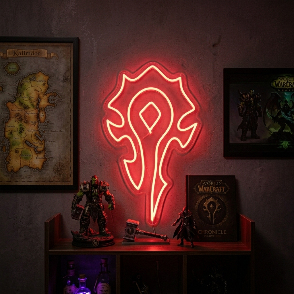 A handcrafted red neon sign depicting the intricate Horde symbol, glowing brightly on a wall surrounded by various gaming and movie collectibles.