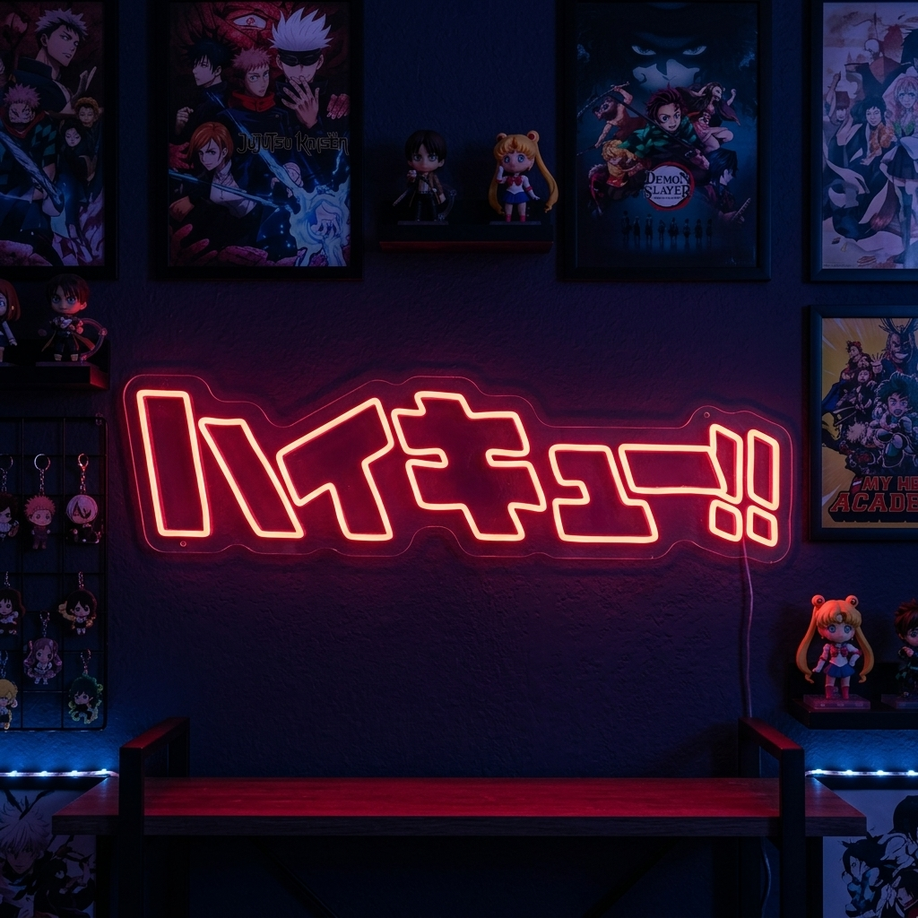 Haikyuu 'Hot Blooded Youth' neon sign glowing on a textured brick wall in a detailed room setting.