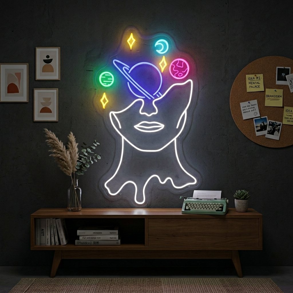 A glowing 'Galaxy Brain' neon sign on a clear acrylic background with wires, displaying a stylized brain design with a galaxy theme.