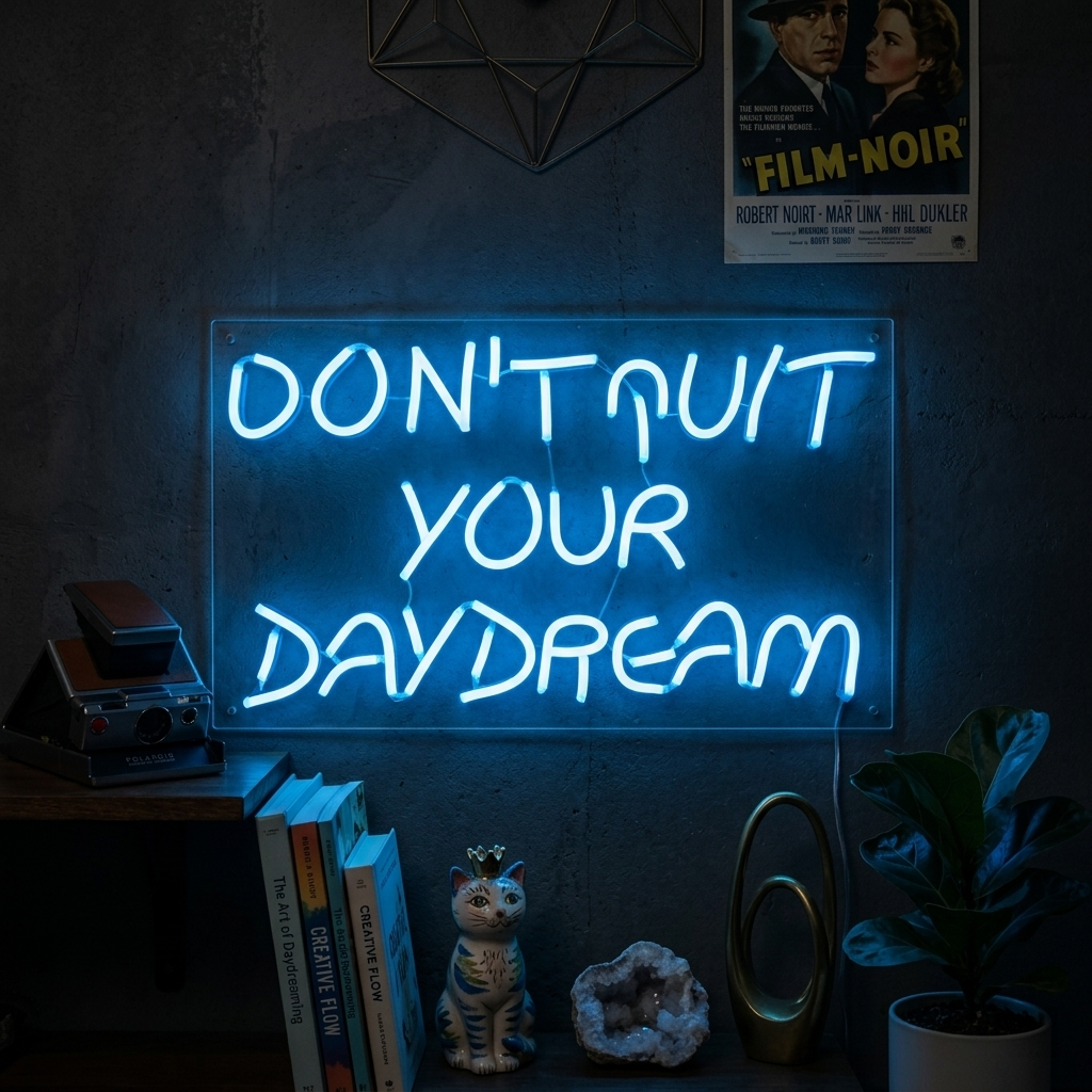 A glowing 'Donot Quit Your Daydream' neon sign with pink lighting on a clear acrylic backing, mounted against a plain wall.