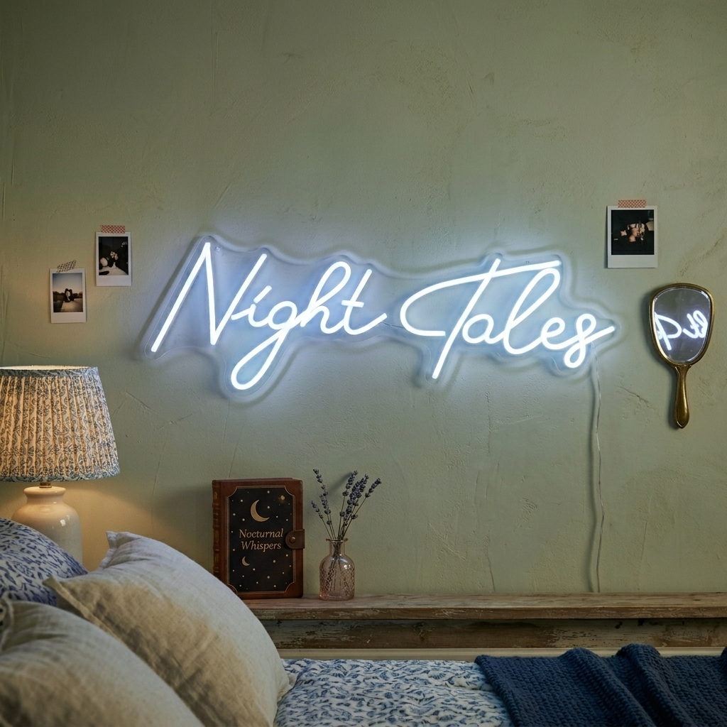 A physical photograph of the lit 'Night Tales' neon sign, mounted on a wall and reflected in an adjacent mirror, showcasing its glow in a real room setting.