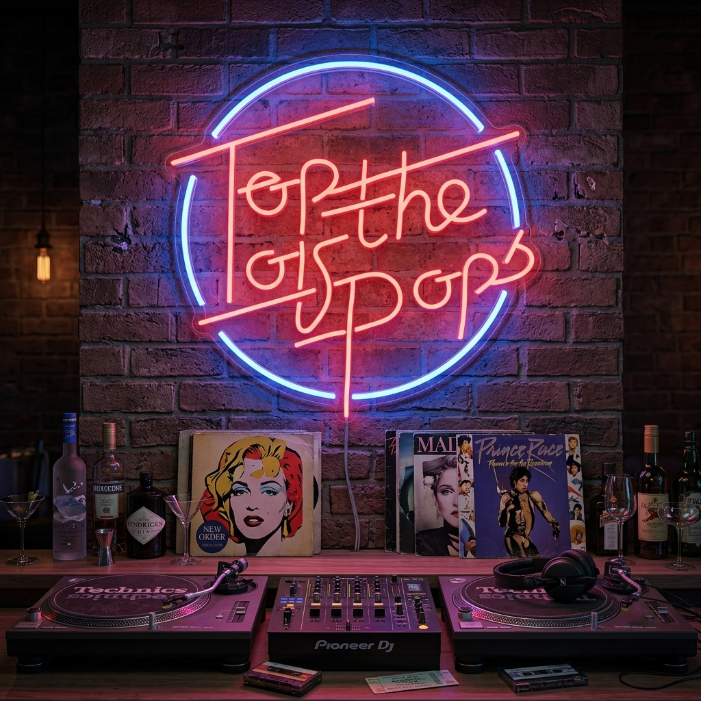 A vibrant 'Top Of The Pops' neon wall sign glowing with warm colors, featuring the iconic logo design, hanging in a music-themed room setting above DJ decks.