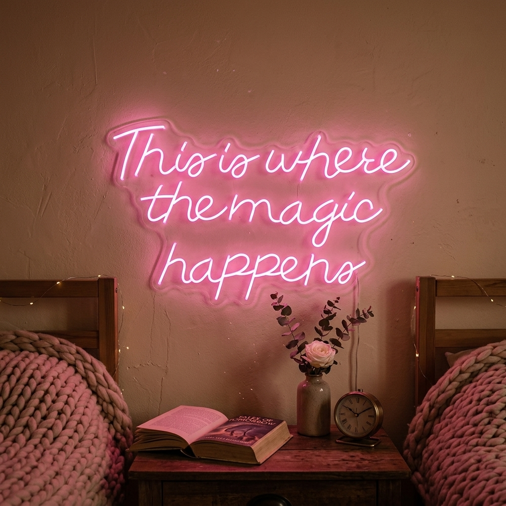 A glowing blue 'This is Where The Magic Happens' neon sign illuminates a stylized office workspace.