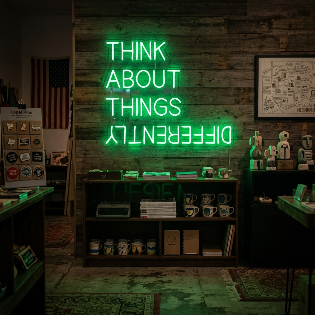Think About Things Differently neon sign glowing green on a dark, textured brick wall.