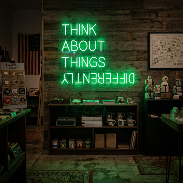 Think About Things Differently neon sign glowing green on a dark, textured brick wall.