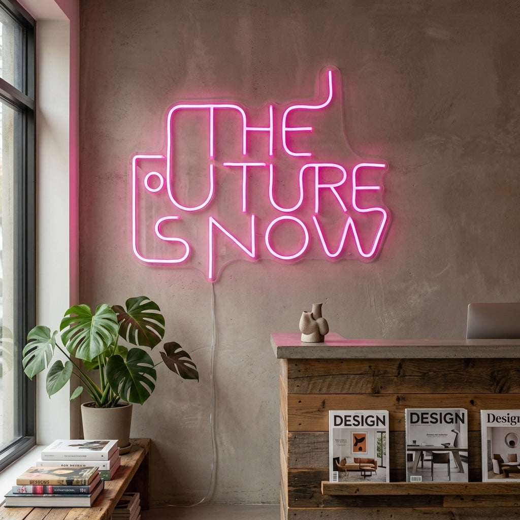 A glowing 'The Future is Now' neon sign mounted on a textured brick wall.