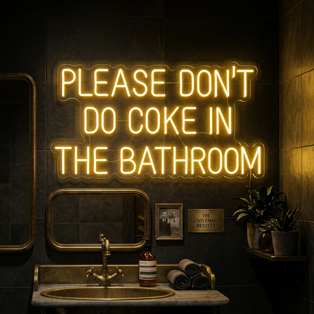 A glowing red neon sign reading 'Please Dont Do Coke in The Bathroom' mounted on a tiled wall in a moody, modern bathroom, casting a warm light over the sink area.