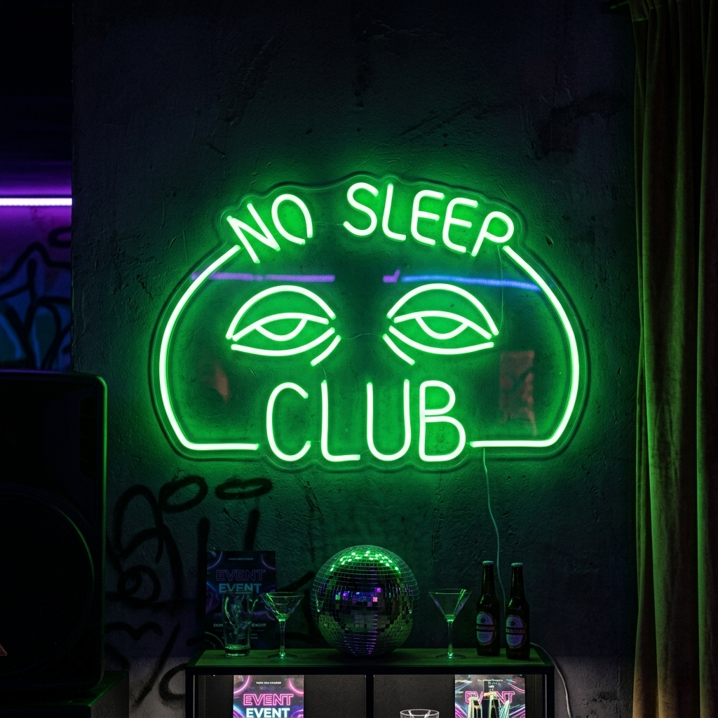 Illuminated "No Sleep Club" neon sign mounted on a dark, textured brick wall in a bar setting