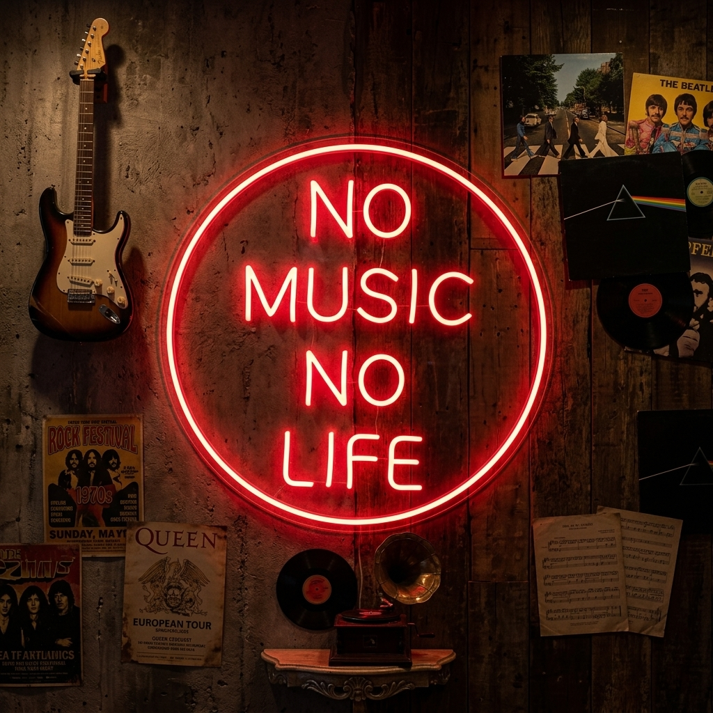 A illuminated 'No Music No Life' neon sign on a dark textured wall in a cozy music studio setting with subtle background details.