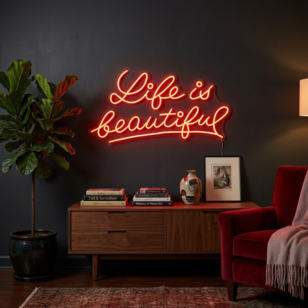 Detailed photograph of a lit "Life is Beautiful" neon sign glowing warmly on a textured indoor wall, casting light on a nearby side table.