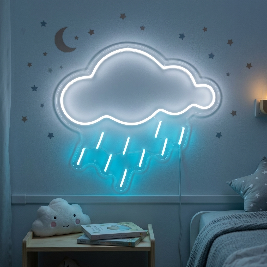 A glowing 'Element Symbol Cloud Rain' neon sign creating a warm ambiance on a wall