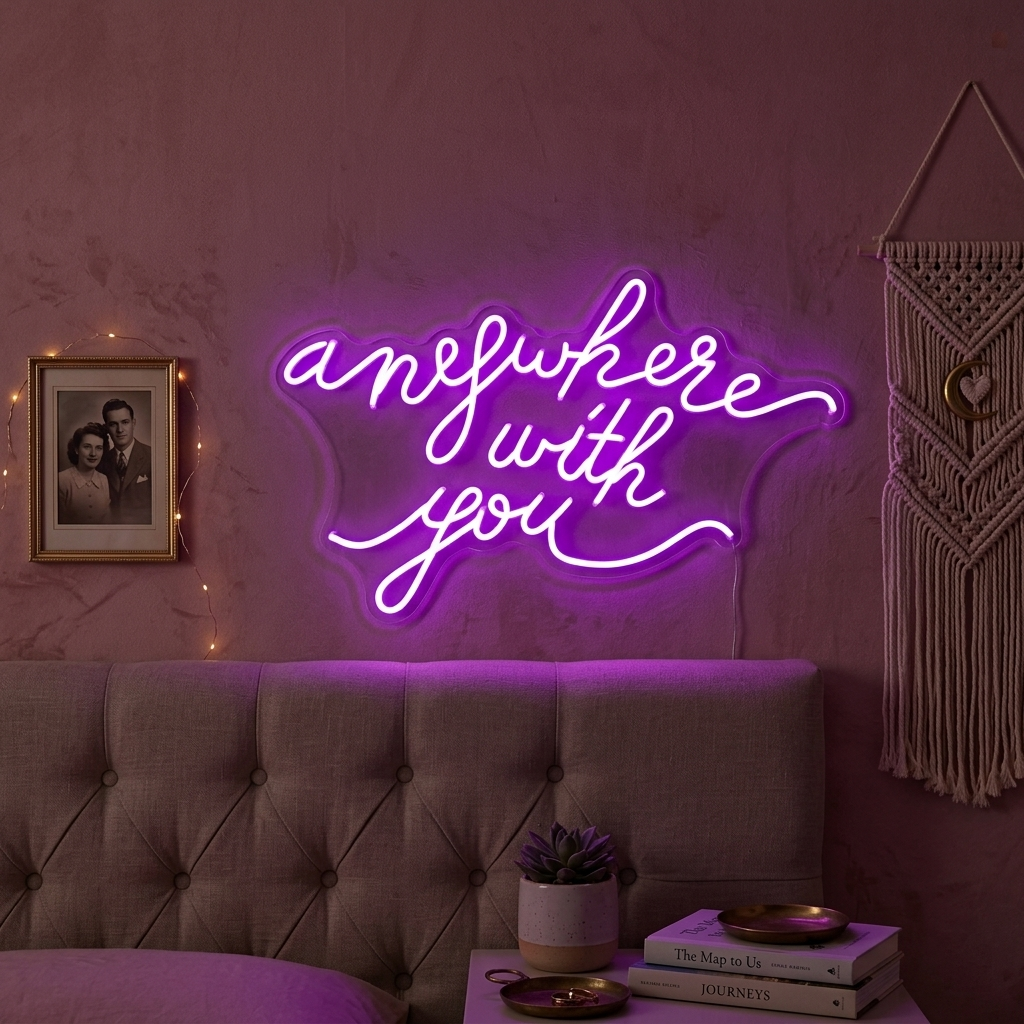 A romantic neon sign displaying the text 'Anywhere With You' mounted on a light-colored wall, casting a soft glow. Curated decorative items are visible below the sign.