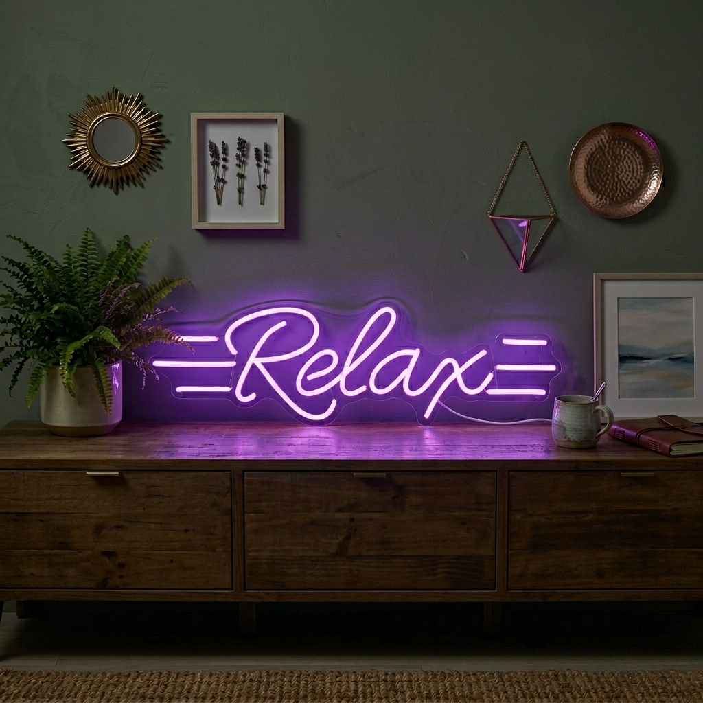 A glowing 'Relax' neon sign in a scripted font with visible acrylic backing and power cord.