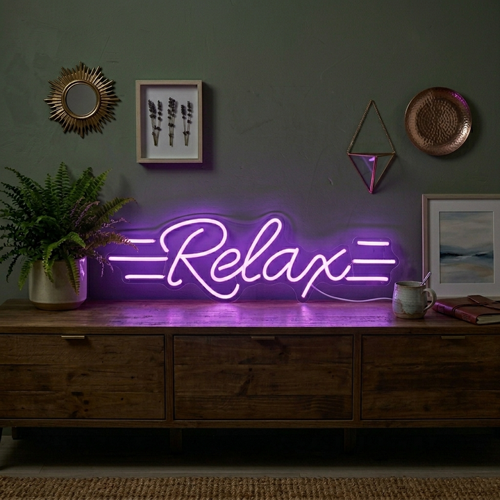 A glowing 'Relax' neon sign in a scripted font with visible acrylic backing and power cord.