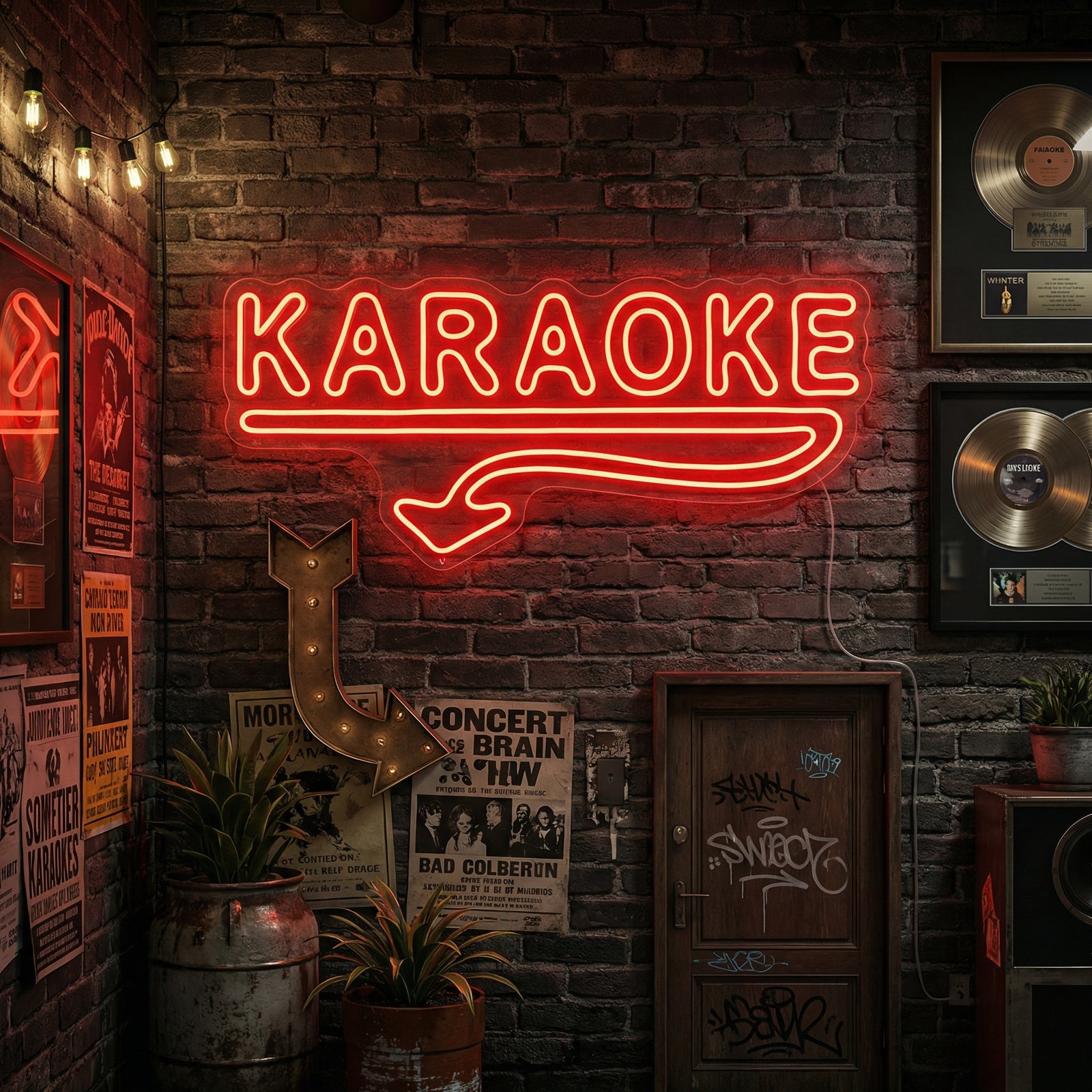 A vibrant green and yellow 'KARAOKE' neon sign hangs above a bar with a karaoke machine and microphone.