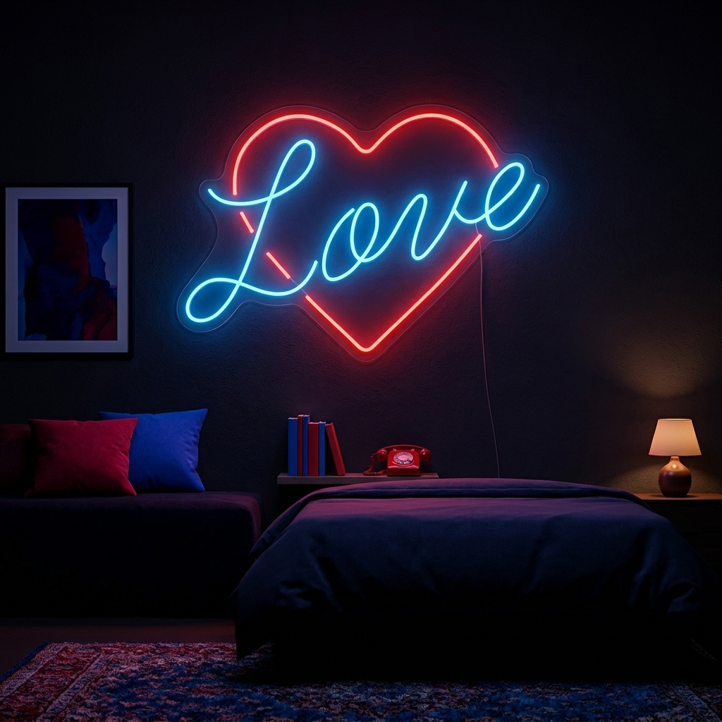 Close-up of a glowing 'Love Heart' neon sign with pink tubing and a clear acrylic backing, mounted on a textured wall.