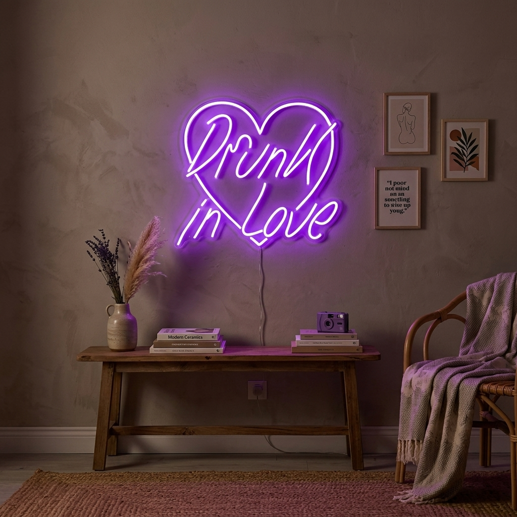 A glowing 'Drunk In Love' neon sign mounted on an acrylic backing, displayed on a wall in a real room setting with realistic wiring.