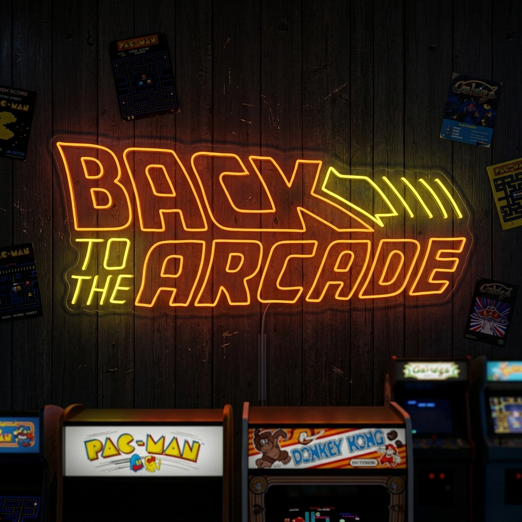 A colorful, glowing Back To The Arcade neon sign with pink and blue text and two multi-color joystick icons, mounted above shelves stocked with retro gaming memorabilia.