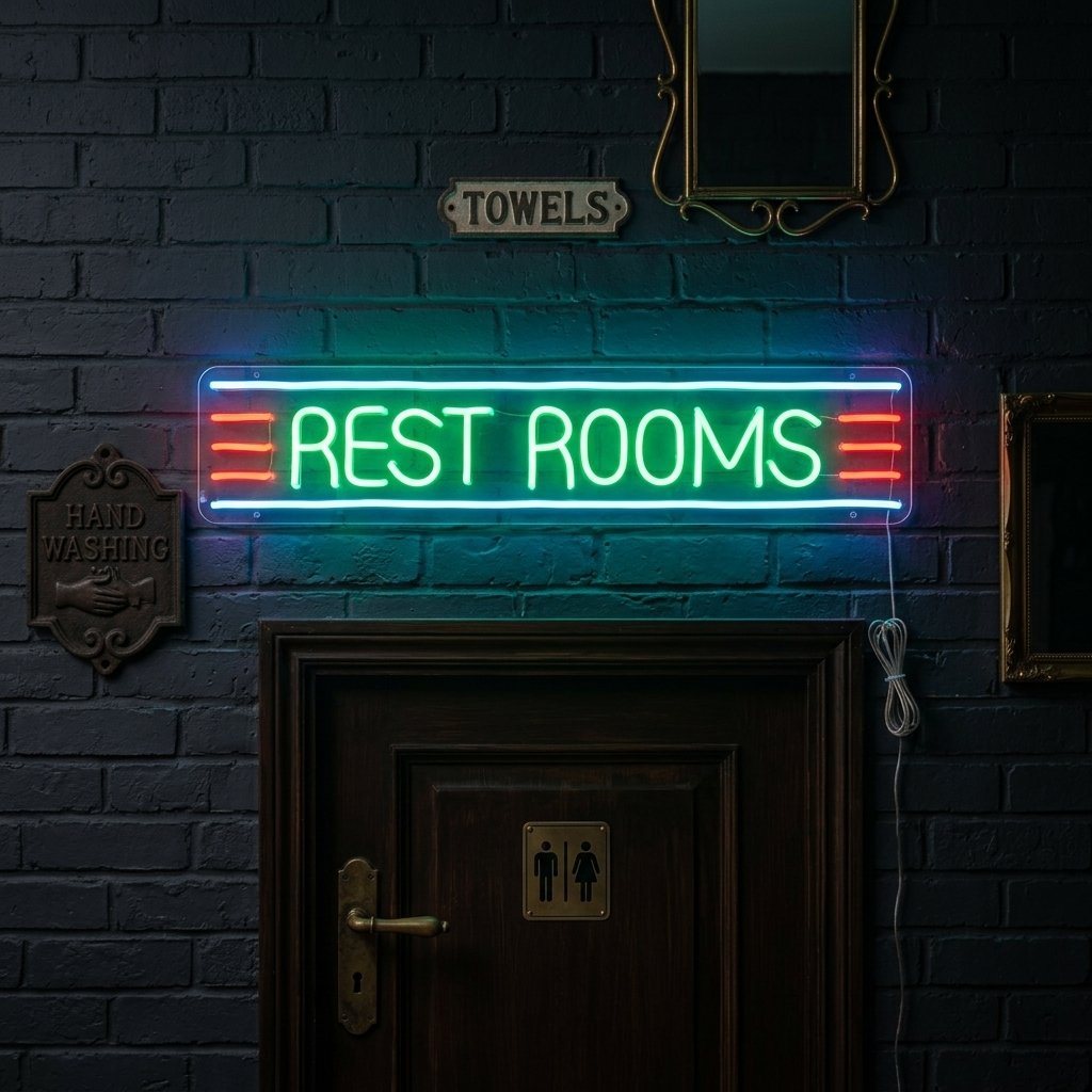 A glowing 'RESTROOM' neon sign made with glass tubes is installed on a painted wall in a real bathroom, showcasing its power cord and mounting details.