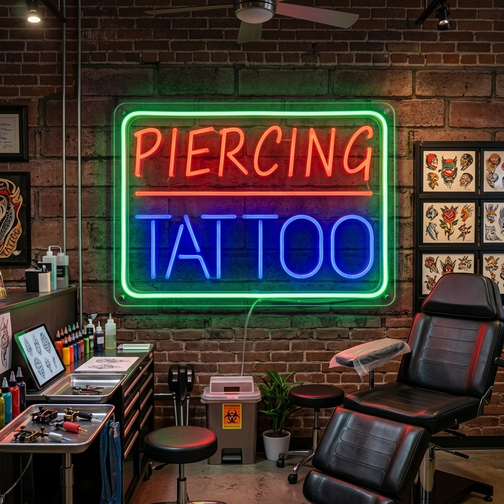 An illuminated 'Piercing Tattoo' neon sign on display in a studio setting.