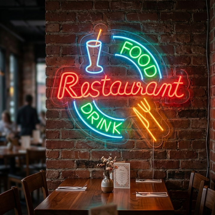 A real 'Food And Drink Restaurant' neon sign mounted and glowing on a textured brick wall with visible power cord and reflections.
