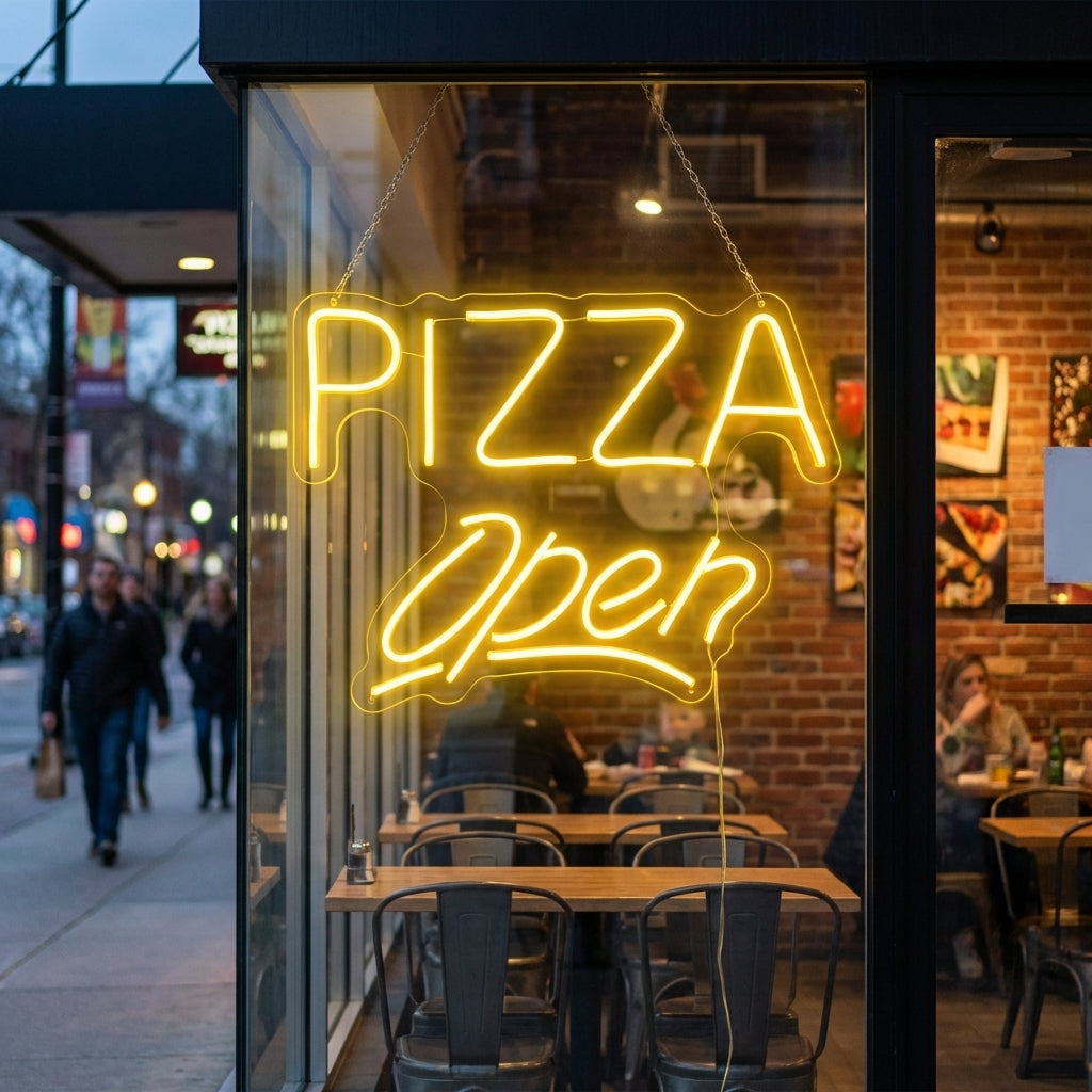 Illuminated Pizza Open neon sign hanging in a pizzeria window, glowing red and yellow in the evening. The durable neon wall decor features integrated pizza slices within the design and is visible to pedestrians outside.