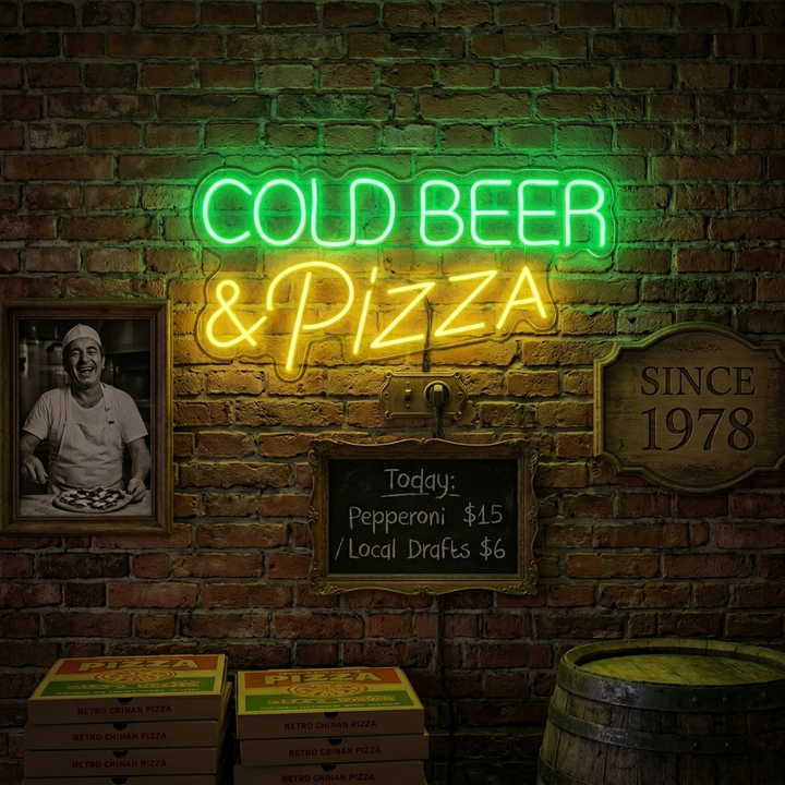 COLD BEER PIZZA Neon Sign, Pizza Open Neon Sign neon sign product image