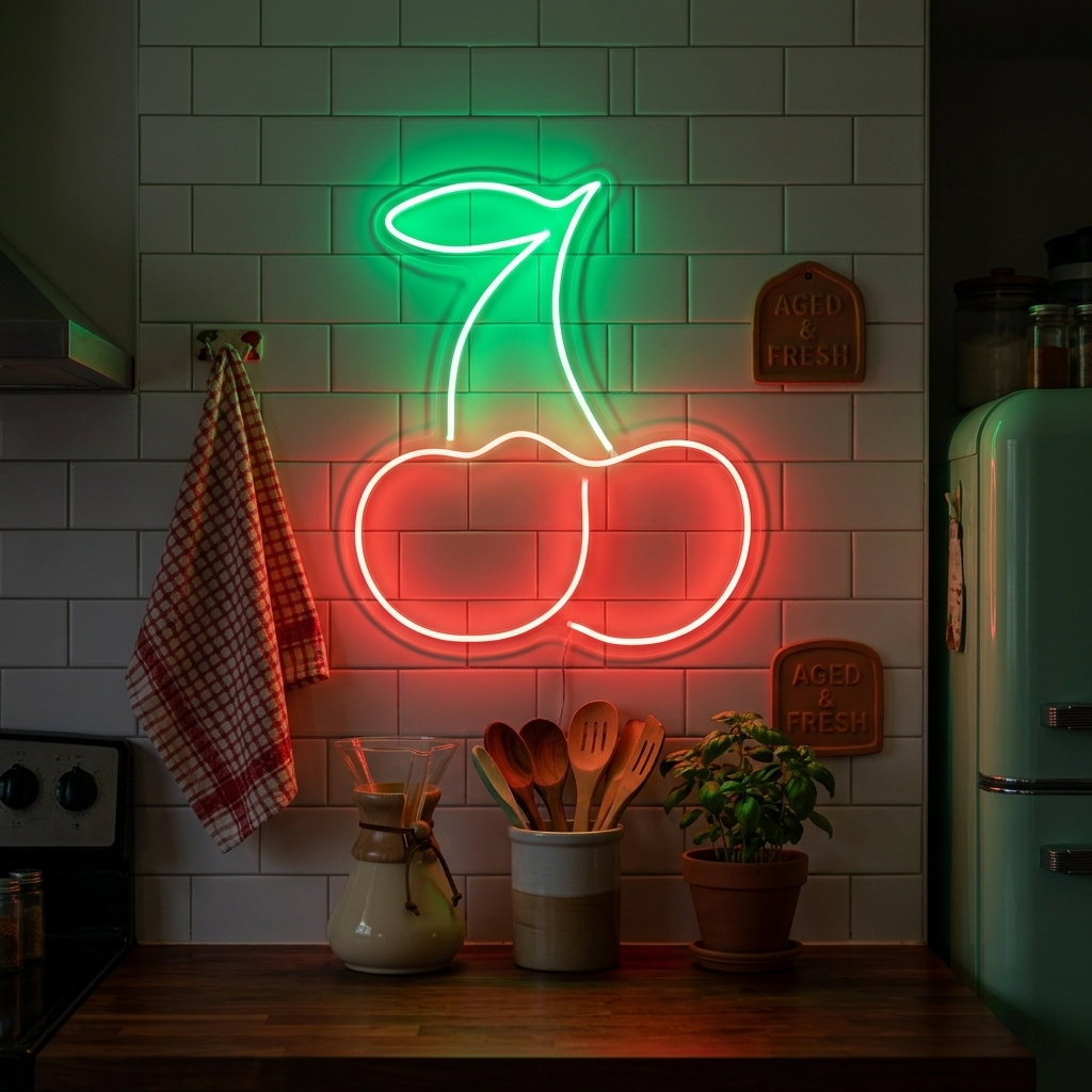 A bright red 'Cherry' neon sign, featuring two cherries, green leaf, and stem with visible tubes and dangling wire, mounted on a rustic wood plank wall with small indistinct plaques.