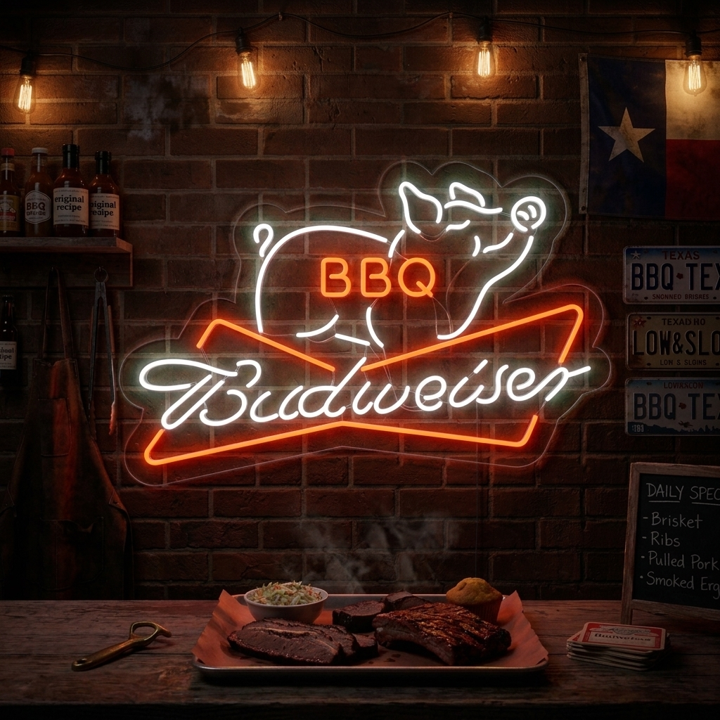 A vibrant 'Bud BBQ' neon sign featuring red and white text and a cold beer mug, glowing in a stylized backyard setting. (Design Source 1)