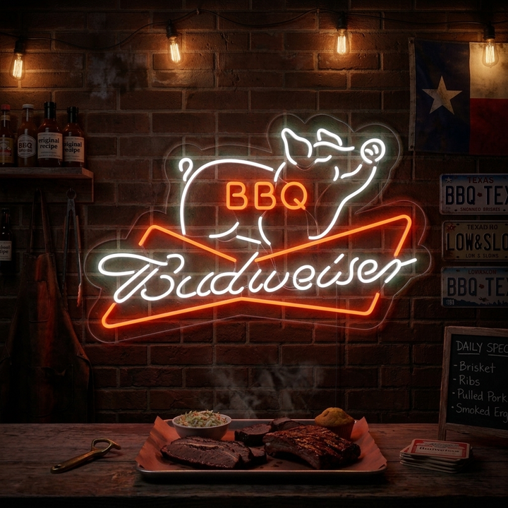 "Bud BBQ" Neon Sign, BBQ Bar Neon Sign, BBQ Bud Beer Neon Sign