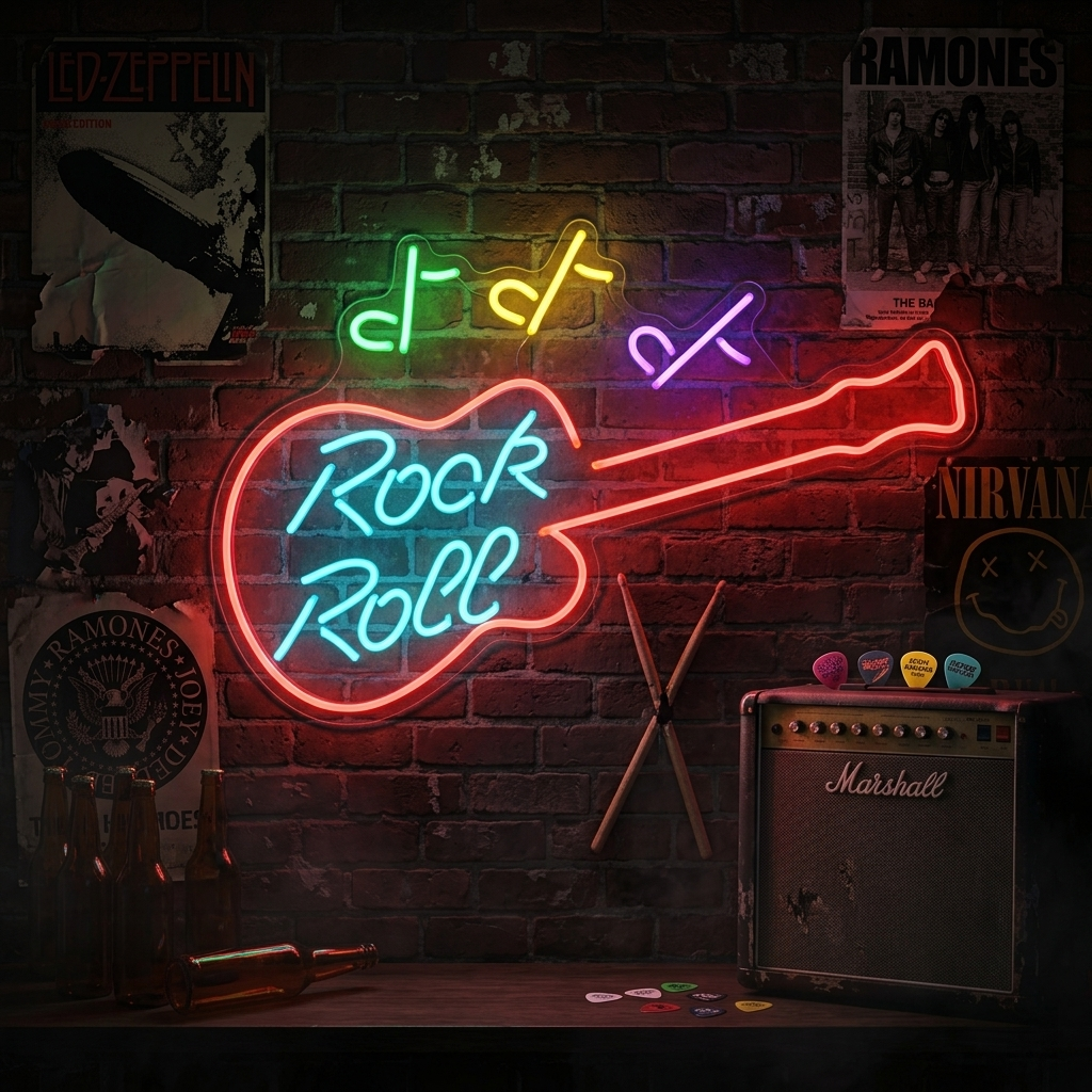 A glowing blue 'Rock Roll' neon sign mounted on a white brick wall in a music-themed room with band posters and an amplifier.