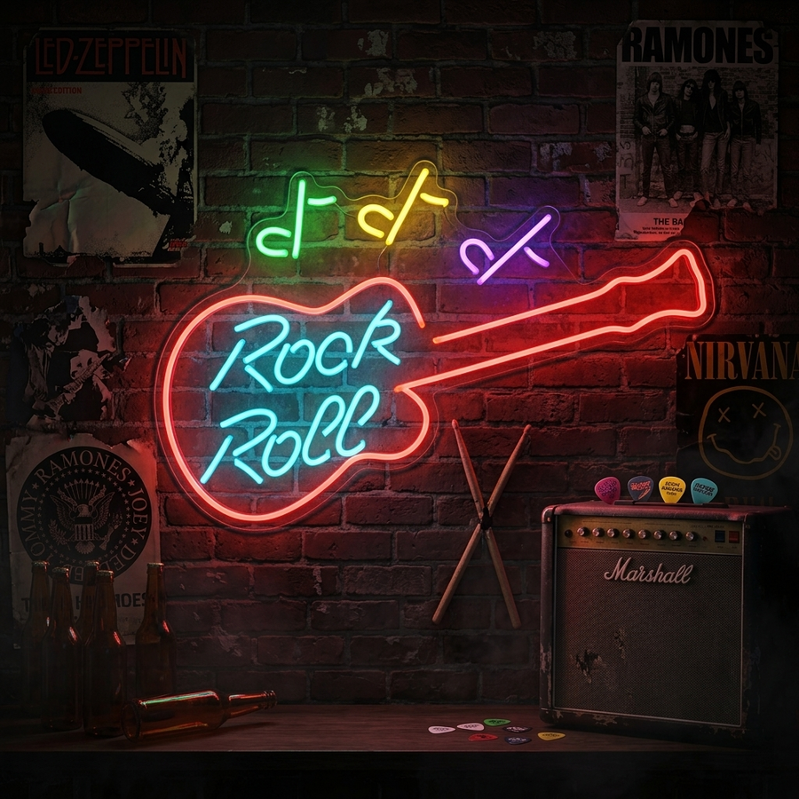 A glowing blue 'Rock Roll' neon sign mounted on a white brick wall in a music-themed room with band posters and an amplifier.