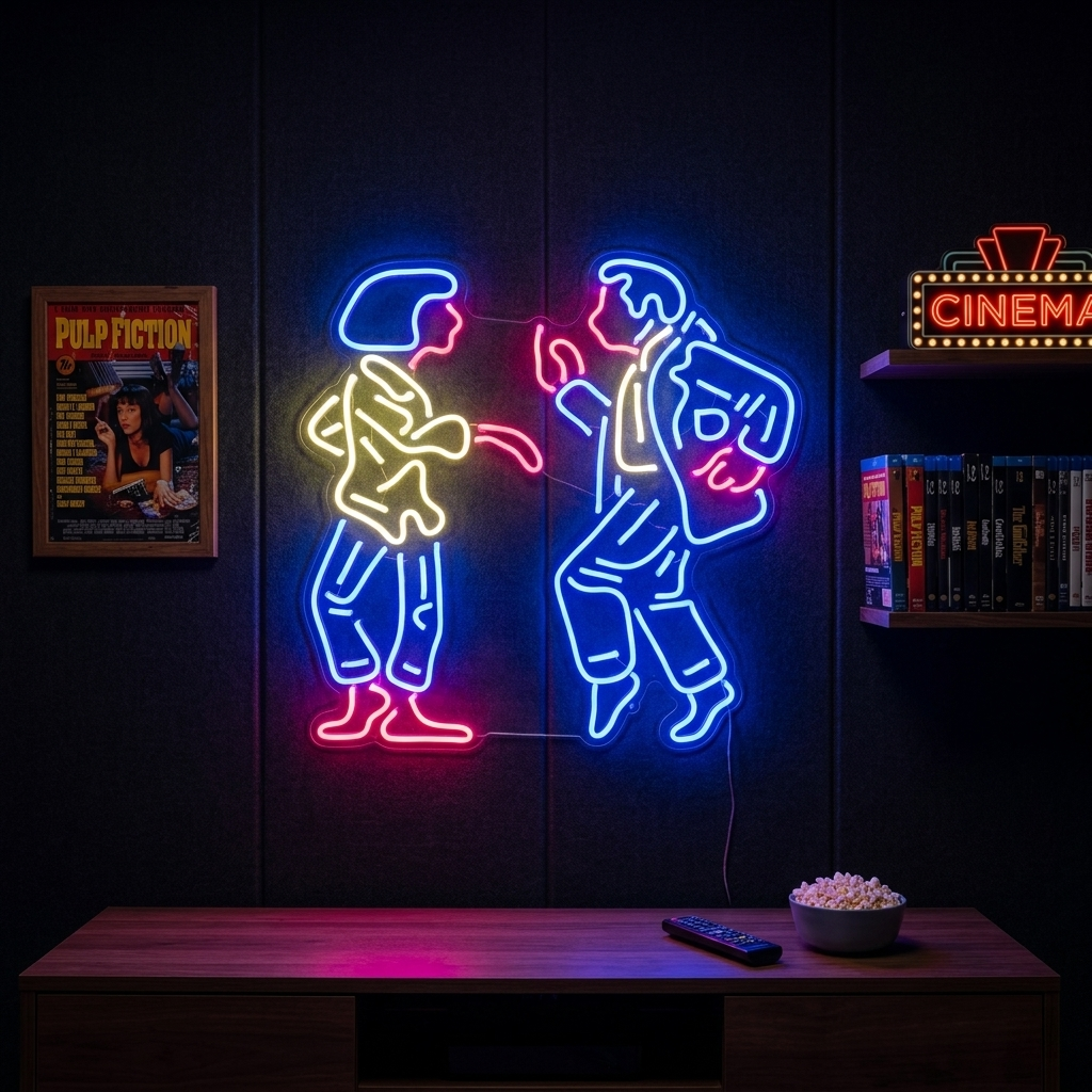 Dancing Couple neon sign displayed on shelves above decor items