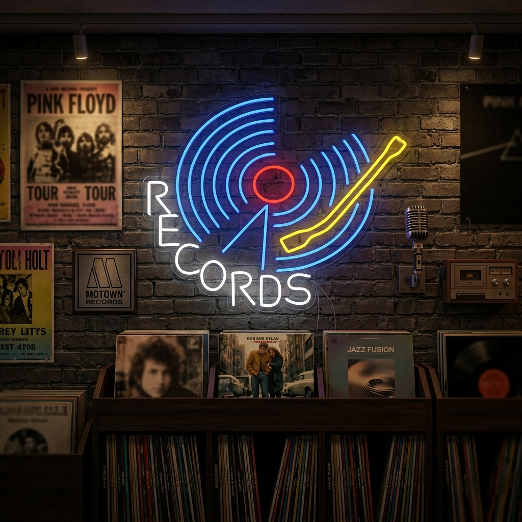 A glowing blue neon sign depicting a stack of records on a shelf, creating a cool, retro atmosphere.