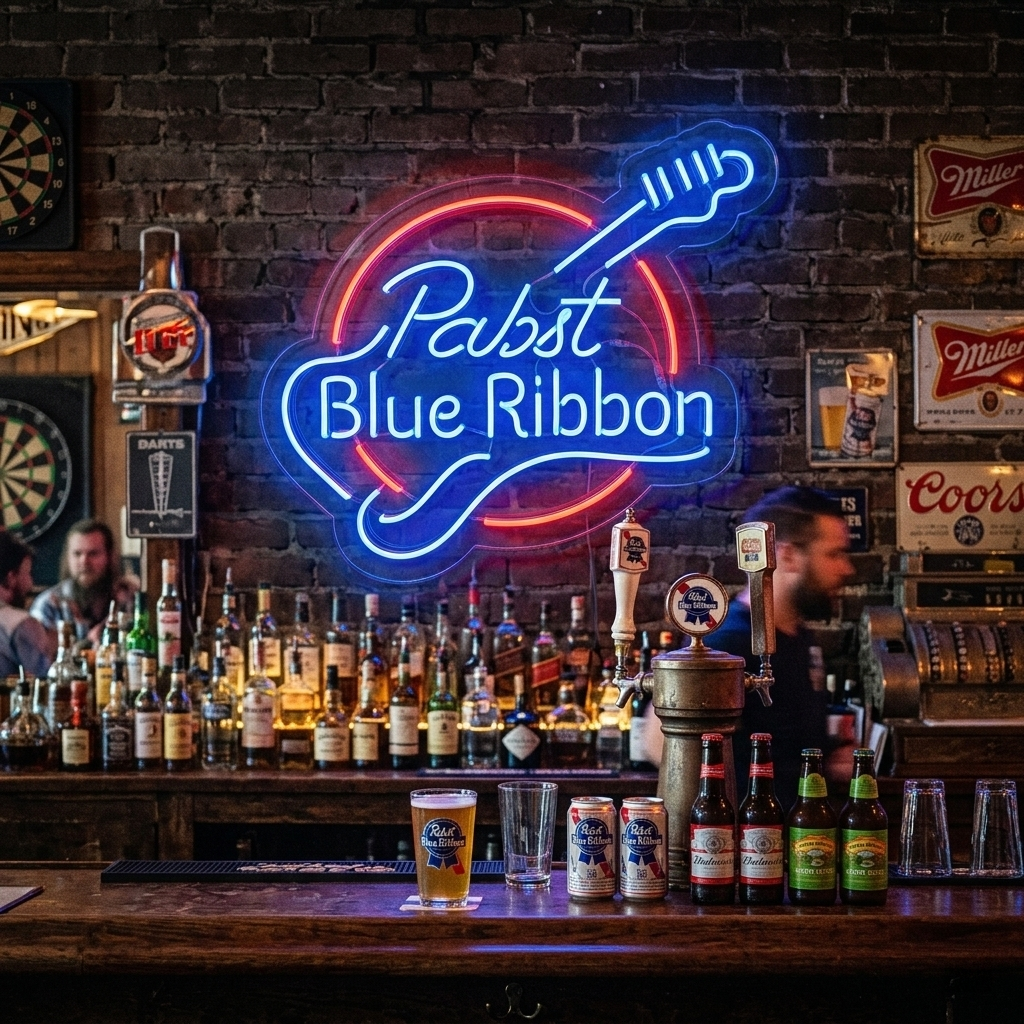 Pabst Blue Ribbon Guitar neon sign illuminated against a bar wall